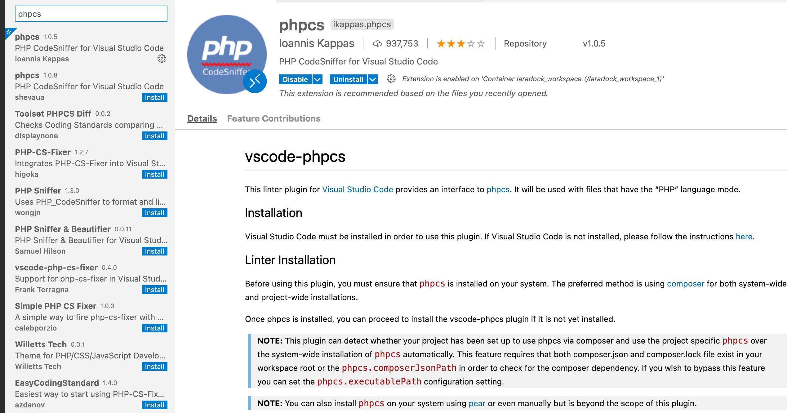 VSCode关联Laradock 容器配置PHPCS插件
